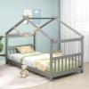 Giantex House Bed Twin, Solid Wood Kids House Bed with Roof, Headboard and Footboard, Low Floor Twin Bed Frame for Toddlers Teens Girls Boys, No Box Spring Needed, White(Grey)