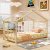 Giantex House Bed Twin, Solid Wood Kids House Bed with Roof, Headboard and Footboard, Low Floor Twin Bed Frame for Toddlers Teens Girls Boys, No Box Spring Needed, White(Natural)