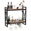 Giantex Industrial Wall Mounted Wine Rack, 2-Tier Metal Hanging Wine Bottle Glass Rack with 14-Bottle & 12-Mug Holders, Wall Wine Floating Shelves for Home Bar, Kitchen, Dining Room, Rustic Brown(23.5″ x 8″ x 21.5″)