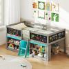 Giantex Low Loft Bed Twin Size, Wooden Loft Bed with Ladder & Blackboard, Twin Bed Frames for Kids with Storage 2 Bookcases and Play Space, White(Grey)