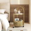Giantex Mobile Glass Coffee Table, 2-Tier Round End Table with Bear Pattern, Storage Basket, Metal Frame, Modern Cocktail Table on Lockable Wheels, Sofa Side Tea Table for Living Room Bedroom (White)(Golden)