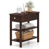 Giantex Narrow End Table, Farmhouse Side Tables with Drawer & Storage Shelves, Wood Sofa Side Tables, 3-Tier Nightstands for Small Space, Living Room, Bedroom, 23.5″ L x 12″ W x 24.5″ H, Brown(Walnut)
