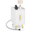 Giantex Nightstand with Charging Station, Narrow End Table with 2 Drawers & Metal Gold Legs, Small Sofa Side Table w/ 2 USB Ports and 3 Outlets, Modern Night Stand for Small Spaces, Rustic Brown(White)