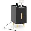 Giantex Nightstand with Charging Station, Narrow End Table with 2 Drawers & Metal Gold Legs, Small Sofa Side Table w/ 2 USB Ports and 3 Outlets, Modern Night Stand for Small Spaces, Rustic Brown(Black)