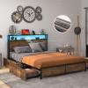 Giantex Queen Bed Frame with LED Lights Headboard and 4 Storage Drawers, Metal Platform Bed with Outlets and USB Ports Charging Station, Smart LED Bed Frame, Easy Assembly, No Box Spring Needed(Full)