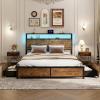 Giantex Queen Bed Frame with LED Lights Headboard and 4 Storage Drawers, Metal Platform Bed with Outlets and USB Ports Charging Station, Smart LED Bed Frame, Easy Assembly, No Box Spring Needed(Queen)