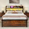 Giantex Queen Size Bed Frame with Storage Headboard, Metal Platform Bed w/LED Light & Charging Station, Linen Upholstered Headboard, Heavy Duty Slat Support, No Box Spring Needed, Noise-Free(Rustic Brown+black)