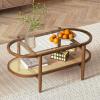 Giantex Rattan Coffee Table, 2-Tier Oval Wood Tea Table with Tempered Glass Tabletop & PE Rattan Storage Shelf, 40″ Boho Cocktail Tables, Mid Century Modern Center Table for Living Room Office, Black(Brown)