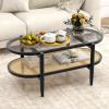 Giantex Rattan Coffee Table, 2-Tier Oval Wood Tea Table with Tempered Glass Tabletop & PE Rattan Storage Shelf, 40″ Boho Cocktail Tables, Mid Century Modern Center Table for Living Room Office, Black(Black)