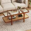 Giantex Rattan Coffee Table, 47.5″ Rectangle Solid Wood Tea Table w/Tempered Glass Tabletop, Rattan Storage Shelf, 2-Tier Boho Coffee Tables, Farmhouse Center Table for Living Room (Oak)(Walnut)
