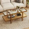 Giantex Rattan Coffee Table, 47.5″ Rectangle Solid Wood Tea Table w/Tempered Glass Tabletop, Rattan Storage Shelf, 2-Tier Boho Coffee Tables, Farmhouse Center Table for Living Room (Oak)(Oak)