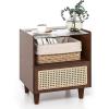 Giantex Rattan Nightstand with Drawer Set of 2, Boho Bamboo Bedside Table with Tempered Glass Top and Solid Wood Legs, 20″ End Side Table with Storage, Night Stand for Bedroom, Living Room, Natural(Walnut)