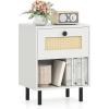 Giantex Rattan Nightstands with Drawer Set of 2, Boho Side Tables with 4 Metal Legs and Open Storage Shelf, Farmhouse Night Stands for Small Spaces, 2 Tier Bedside Tables for Bedroom Office, Oak(White)