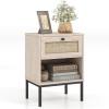 Giantex Rattan Nightstands with Drawer Set of 2, Boho Side Tables with 4 Metal Legs and Open Storage Shelf, Farmhouse Night Stands for Small Spaces, 2 Tier Bedside Tables for Bedroom Office, Oak(Oak)