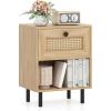 Giantex Rattan Nightstands with Drawer Set of 2, Boho Side Tables with 4 Metal Legs and Open Storage Shelf, Farmhouse Night Stands for Small Spaces, 2 Tier Bedside Tables for Bedroom Office, Oak(Natural)