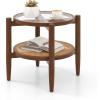 Giantex Rattan Round End Table, Walnut Boho Nightstand with Tempered Glass Top and Acacia Wood Legs, 2-Tier Side Table with Storage, Bedside Tables for Small Spaces Living Room Bedroom
