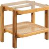 Giantex Rattan Side Table, Boho End Table for Living Room, Narrow Bedside Table with Tempered Glass Top, Wood Accent Table with Rattan Storage Shelf, 2-Tier Nightstand for Bedroom Small Spaces(1)
