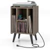 Giantex Record Player Stand, Turntable Stand with Charging Station, Mid-Century Modern Nightstand with 4 Storage Compartments, Vinyl Record Cabinet for Living Room Bedroom (Grey Oak)(Grey Oak)