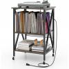 Giantex Record Player Stand with Charging Station, Turntable Stand with Record Storage & 4 Rolling Wheels, Vinyl Record Storage Table up to 250 Albums for Living Room, Bedroom (Grey Oak)(Grey Oak)