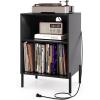 Giantex Record Player Stand with Charging Station, Turntable Stand with Storage Cabinet, Record Player Shelf with Metal Legs, Vinyl Record Storage up to 150 Albums for Living Room (Oak)(Black)