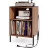 Giantex Record Player Stand with Charging Station, Turntable Stand with Storage Cabinet, Record Player Shelf with Metal Legs, Vinyl Record Storage up to 150 Albums for Living Room (Oak)(Walnut)
