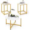 Giantex Round Nesting Table Set of 3, Farmhouse Coffee Table w/2 End Tables, Sturdy Metal Frame, 3-Piece Wooden Living Room Table Set for Home Office, Apartment (Black Oak)(White & Gold)
