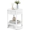 Giantex Round Side Table, 2-Tier Wooden End Table with Drawer and Shelf, Vintage Wood Grain Finish, Retro Circle Night Stand for Living Room Bedroom, Walnut(White)