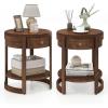 Giantex Round Side Tables Set of 2, 2-Tier Retro End Tables with Drawer & Shelf, Wooden Accent Tables with Antique Wood Grain Finish, Vintage Nightstands for Living Room Bedroom, Walnut(2)