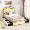 Giantex Twin Bed Frame with 4 Storage Drawers and Charging Station, Metal Twin Size Platform Bed w/LED Lights & Velvet Upholstered Headboard, No Box Spring Needed, Twin Storage Bed, Gold & Beige