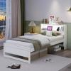 Giantex Twin Bed Frames with Storage Headboard, Wood Platform Bed with Charging Station & LED Light, Single Bed with Slats Support, Under-Bed Space, Twin Bed Frames for Kids Girls Boys (White)(White)