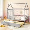 Giantex Twin House Bed with Trundle Bed Twin, Wooden Twin Bed Frames with Roof, Chimney & Window, Montessori House Bed with Safety Guardrails, House Trundle Bed for Kids, Boys, Girls, Teens (White)(Grey)
