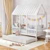 Giantex Twin House Bed with Trundle, Kids Bed Frame with 82″ Tall Roof, Windows and Guardrail, Wooden Playhouse Bed for Teens Boys Girls Bedroom, No Box Spring Needed, Free to Decorate, White