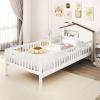 Giantex Twin Kids Bed Frame, Solid Wood Montessori Bed with Guardrails & House-Shaped Headboard, Built-in Storage Shelf, No Box Spring Needed, for Boys Girls, White(White)