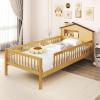 Giantex Twin Kids Bed Frame, Solid Wood Montessori Bed with Guardrails & House-Shaped Headboard, Built-in Storage Shelf, No Box Spring Needed, for Boys Girls, White(Natural)