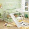 Giantex Wood Kids Bunk Bed with Slide & Ladder, Twin Over Twin House Bed with Full-Length Guardrails, Montessori Floor Bunk Bed Frame for Kids Teens Girls Boys, No Box Spring Needed, White