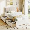 Giantex Wood Twin Bed with 2 Storage Drawers, Solid Wood Platform Bed with Upholstered Headboard, Wooden Slats Support, Twin Bed Frames for Kids Teens Adults, No Box Spring Needed, White & Beige