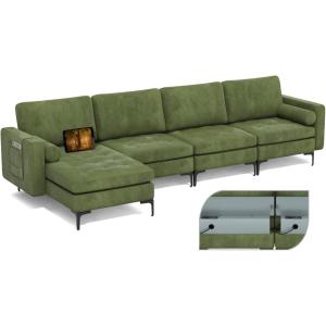 Giantex 128″ Sectional Sofa Couch with 2 USB Ports, 3-Hole Socket, Hidden Storage Box, L-Shaped Modular Sofa w/Reversible Chaise Lounge, 2 Side Bolsters for Living Room Bedroom Office