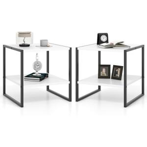 Giantex 20 Inch End Table, Modern Square Side Table with Storage Shelf, Small Coffee Table for Living Room, Wood Bedside Table, 2-Tier Nightstand for Bedroom, Easy Assembly, White (1)(2)