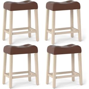 Giantex 24″ Bar Stools Set of 4, Upholstered Counter Height Saddle Bar Stools with Footrest and Wood Legs, Farmhouse Button Tufted Backless Barstools for Kitchen Island, Dining Room, Cafe, Beige(Brown+beige)