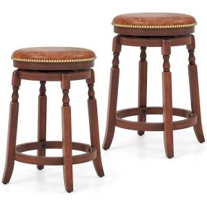 Giantex 24″ Swivel Bar Stools Set of 2, Farmhouse Counter Height Stools with Upholstered Seat & Rubber Wood Frame, Round Backless Kitchen Stools, Barstools for Kitchen Island/Breakfast Nook, Walnut(1)