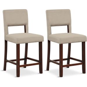 Giantex 24.5″ Counter Height Bar Stools Set of 2, Linen Barstools with Back, Rubber Wood Legs, Max Load 400 Lbs, Modern Upholstered Bar Dining Chairs for Kitchen Island Pub, Beige(Beige)