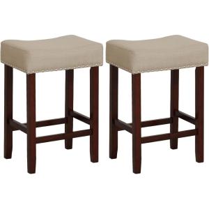 Giantex 25″ Counter Height Bar Stools Set of 2 – Backless Saddle Barstools with Nailhead Linen Foam Seat, Max Load 330 Lbs Wood Bar Stools with Foot Rest for Kitchen Island, Khaki(Khaki)