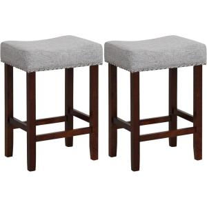 Giantex 25″ Counter Height Bar Stools Set of 2 – Backless Saddle Barstools with Nailhead Linen Foam Seat, Max Load 330 Lbs Wood Bar Stools with Foot Rest for Kitchen Island, Khaki(Grey)