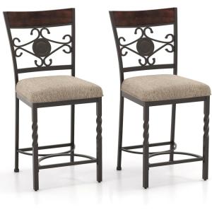 Giantex 25″ Counter Height Bar Stools Set of 2, Vintage Upholstered Barstools w/Back, Rust-Proof Metal Frame, Padded Seat, Anti-Slip Foot Pads, Max Load 350 Lbs, Bar Dining Chairs for Kitchen Island
