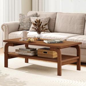 Giantex 2-Tier Coffee Table with Storage, 47” Mid Century Rectangle Accent Table with Open Shelf, Large Tabletop & Curved Legs, Rustic Style Wood Cocktail, Center Table for Living Room, Natural(Walnut)