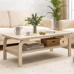 Giantex 2-Tier Coffee Table with Storage, 47” Mid Century Rectangle Accent Table with Open Shelf, Large Tabletop & Curved Legs, Rustic Style Wood Cocktail, Center Table for Living Room, Natural(Natural)