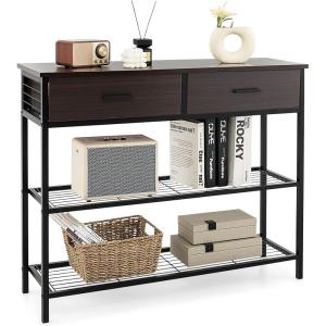 Giantex 2-Tier Console Table with Drawers, Wood Entryway Table with 2 Drawers & Open Storage Shelf for Living Room Entryway, Easy Assembly Rectangular Accent Table (Natural)(Espresso)