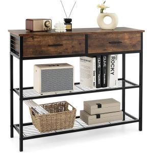 Giantex 2-Tier Console Table with Drawers, Wood Entryway Table with 2 Drawers & Open Storage Shelf for Living Room Entryway, Easy Assembly Rectangular Accent Table (Natural)(Brown)