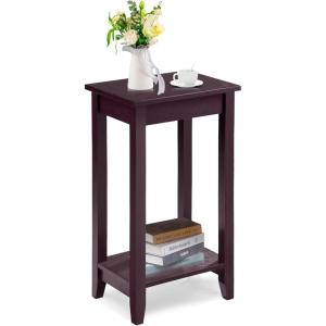 Giantex 2-Tier End Table Tall Nightstand, Simple Design Sofa Bedside Table with Versatile Shelf and Wooden Legs for Small Spaces, Living Room, Study, Bedroom, Narrow Telephone Table, White(Espresso)