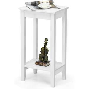 Giantex 2-Tier End Table Tall Nightstand, Simple Design Sofa Bedside Table with Versatile Shelf and Wooden Legs for Small Spaces, Living Room, Study, Bedroom, Narrow Telephone Table, White(White)